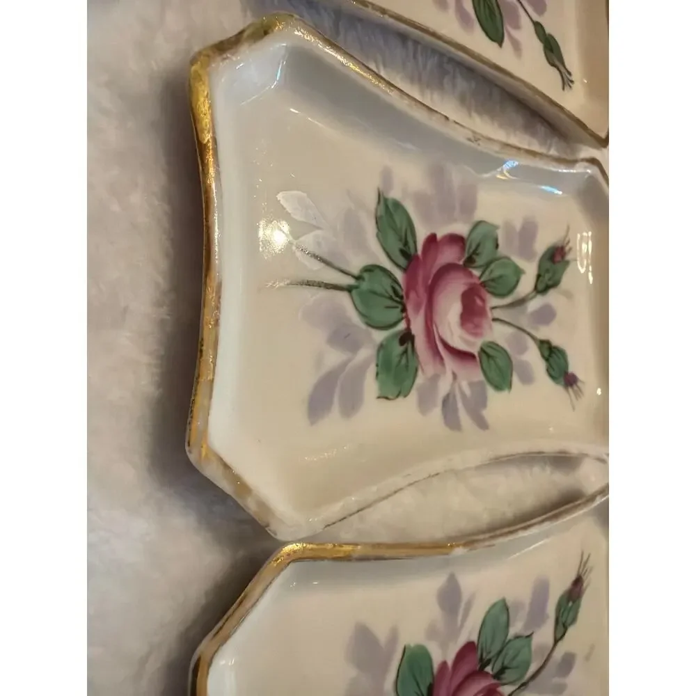 Set of 3 Vintage Weisley China Hand Painted Floral Trinket Dishes Gold Trim